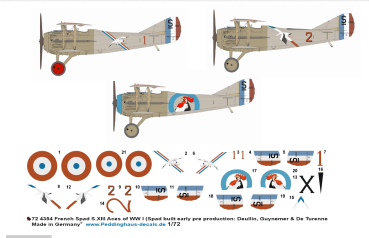 Peddinghaus-Decals 1/72 4354 French Spad S. XIII Aces of WWI (SPAD-built, early pre-porduction: Deullin, Guynemer & De Turnnee