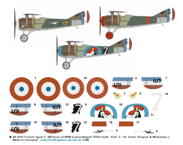Peddinghaus-Decals 1/48 4361 French Spad S. XIII Aces of WWI (camouflaged SPAD-built - Part  2 : De Sevin, Roques & Moissinac )