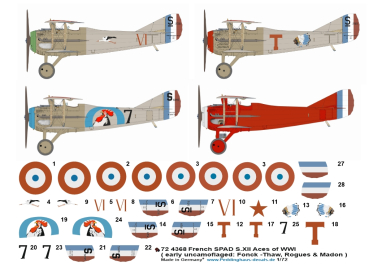 Peddinghaus-Decals 1/72 4368 French SPAD S.XII Aces of WWI ( early uncamoflaged : Fonk -Thaw, Rogues & Camera-Madon )