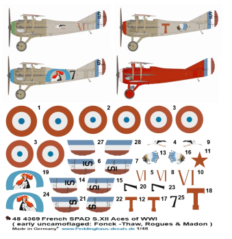 Peddinghaus-Decals 1/48 4369 French SPAD S.XII Aces of WWI ( early uncamoflaged : Fonk -Thaw, Rogues & Camera-Madon )