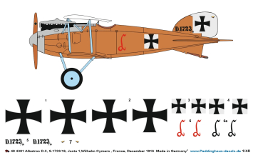 Peddinghaus-Decals 1/48 4381 Albatros D.II, S.1723/16, Jasta 1,Wilhelm Cymera , France, December 1916