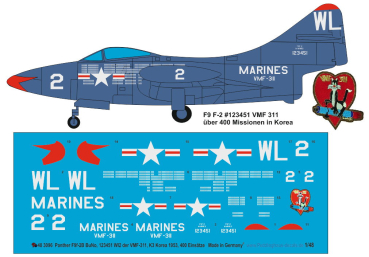 Peddinghaus-Decals 1:48 3096 Panther F9F-2B BuNo. 123451 WL 2 der VMF-311, K-3 Korea 1953, 400 Missions