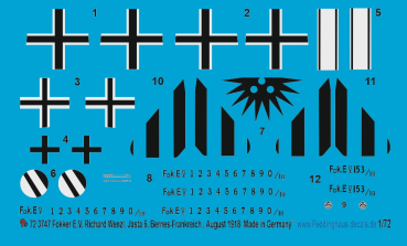 Peddinghaus-Decals 1/72 3747 Fokker E.V Richard Wenzl, Jasta 6, Bernes - Frankreich , August 1918