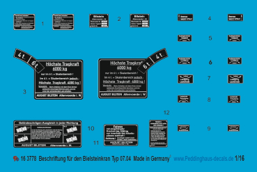 Peddinghaus-Decals 1/16 3778 6 ton Bielsteinkran Beschriftungen