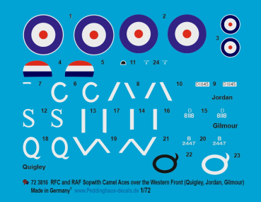 Peddinghaus-Decals 1/72 3816 Sopwith Camel Quingly, Jordan, Gilmour