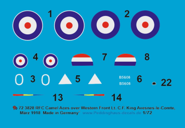 Peddinghaus-Decals 1:72 3828 Sopwith Camel RFC  Lt. C.F. King, No 43 Sqn, Western Front Avesnes-le Comte, März 1918