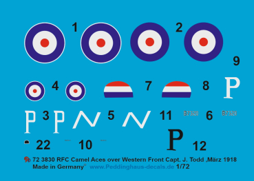 Peddinghaus-decals 1:72 3830 Sopwith Camel RFC  Capt. J. Todd, No 70 Sqn, Western Front , März 1918