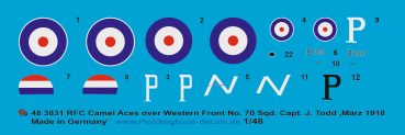 Peddinghaus-Decals 1:48 3831 Sopwith Camel RFC  Capt. J. Todd, No 70 Sqn, Western Front , März 1918