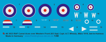 Peddinghaus-Decals 1:48 3833 Sopwith Camel RAF  Capt. A.T. Whealy, No 203 Sqn, Western Front , Mai 1918, Izel-les-Hameau