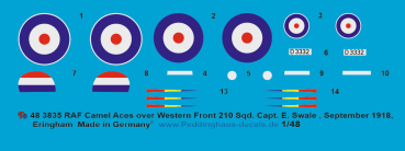 Peddinghaus-Decals 1:48 3835 Sopwith Camel RAF Capt. E.Swale No Sqd 210, Western Front, September 1918 Eringham