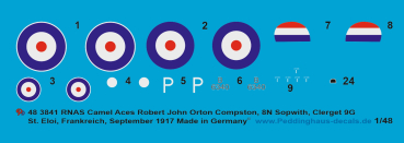 Peddinghaus-Decals 1:48 3841Sopwith Camel RNAS Robert Orton Compston, 8N, Sopwith, Clerget 9B, St. Eloi, Frankreich, September 1917