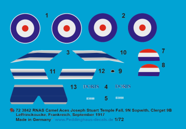 Peddinghaus-Decals 1:72 3842  Sopwith Camel RNAS Joseph Stuart Temple Fall, 9N, B3898, ( sopwith, Clerget 9B), Leffrinckoucke-Frankreich, September 1917