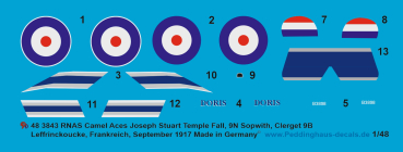 Peddinghaus-Decals 1:48 3843  Sopwith Camel RNAS Joseph Stuart Temple Fall, 9N, B3898, ( sopwith, Clerget 9B), Leffrinckoucke-Frankreich, September 1917