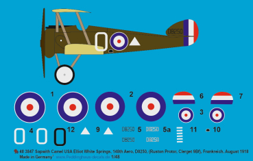 Peddinghaus-Decals 1:48 3847 Sopwith Camel USA Elliot White Springs, 148th Aero, D8250, ( Ruston Proctor, Clerget 9Bf), Frankreich , August 1918