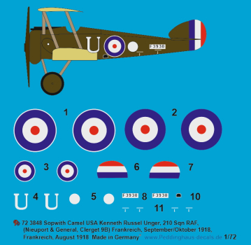 Peddinghaus-Decals 1:72 3848 Sopwith Camel USA Kenneth Russel Unger, 210 Sqn Raf, F3930, (Nieuport & General, Clerget 9B), Frankreich, September/Oktober 1918
