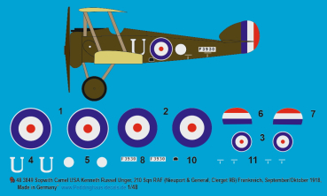 Peddinghaus-Decals 1:48 3849 Sopwith Camel USA Kenneth Russel Unger, 210 Sqn Raf, F3930, (Nieuport & General, Clerget 9B), Frankreich, September/Oktober 1918