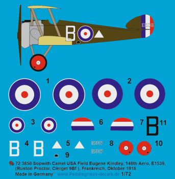 Peddinghaus-Decals 1:72 3850 Sopwith Camel USA Field Eugene Kindley, 148th Aero, E1539, ( Ruston Protor, Clerget 9Bf )Frankreich, Oktober 1918