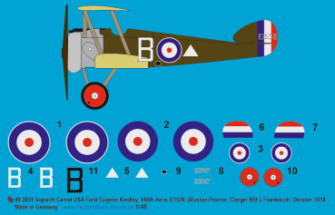 Peddinghaus-Decals 1:48 3851 Sopwith Camel USA Field Eugene Kindley, 148th Aero, E1539, ( Ruston Protor, Clerget 9Bf )Frankreich, Oktober 1918