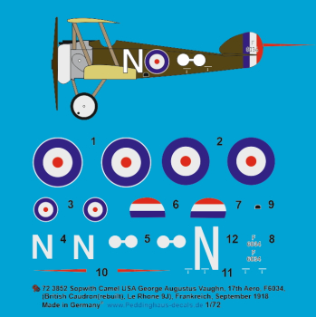 Peddinghaus-Decals 1:72 3852 Sopwith Camel USA George Augustus Vaughn, 17th Aero, F6034 ( British Caudron (rebuilt), Le Rhone 9J), Frankreich, September 1918