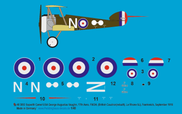 Peddinghaus-Decals 1:48 3853 Sopwith Camel USA George Augustus Vaughn, 17th Aero, F6034 ( British Caudron (rebuilt), Le Rhone 9J), Frankreich, September 1918