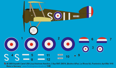 Peddinghaus-Decals 1:48 3855 Sopwith Camel USA , Lloyd Andrews Hamilton 3 Sqn RAF, D6519, (Boulton & Paul, Le Rhone 9J),Frankreich, April/Mai 1918