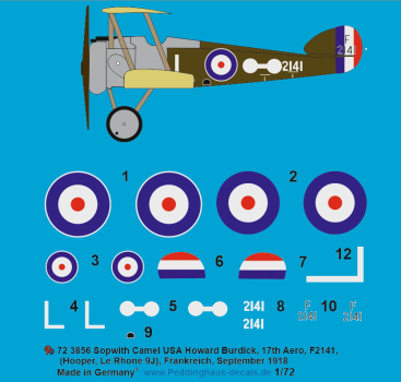 Peddinghaus-Decals 1:72 3856 Sopwith Camel USA , Howard Burdick, 17th Aero, F2141, (Hooper, Le Rhone 9J), Frankreich, September 1918