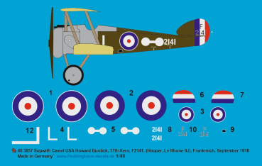 Peddinghaus-Decals 1:48 3857 Sopwith Camel USA , Howard Burdick, 17th Aero, F2141, (Hooper, Le Rhone 9J), Frankreich, September 1918