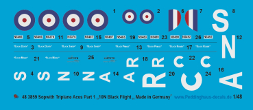 Peddinghaus-Decals 1:48 3859 Sopwith Triplane Aces Part 1 "10N Black Flight"-Black Maria-Black Prince-Black Roger-Balck Death-Black Sheep