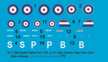 Peddinghaus-Decals 1:72 3860 Sopwith Triplane Aces Part 2  10N "A- & C -Flight"