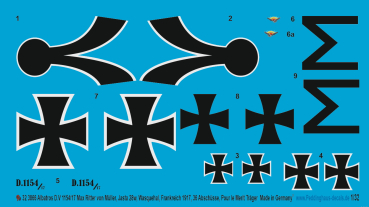 Peddinghaus-Decals 1:32 3866 Albatros D.V. 1154/17 Max Ritter von Müller, Jasta 28w Wasquehal, Frankreich, August 1917, 36 Abschüsse, Pour le Merite
