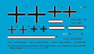 Peddinghaus-Decals 1:72 3879 Fokker D.VII (early Fokker built), 383/18 Gustav Frädrich, Jasta 72, Bergnicourt/France, July 1918