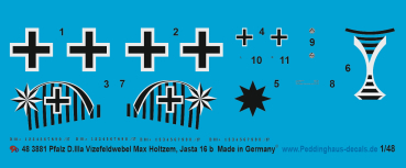Peddinghaus-Decals 1:48 3881 Pfalz D.IIIa Vzfw. Max Holtzem, Jasta 16b