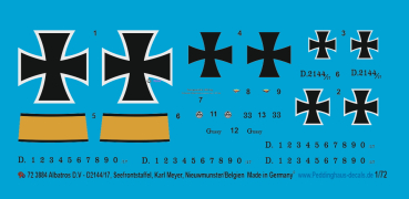 Peddinghaus-Decals 1:72 3884 Albatros D.V -D2144/17 Seefrontstaffel , Karl Meyer, Nieuwmunster,Belgien