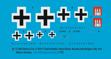 Peddinghaus-Decals 1:72 3890 Albatros D.Va -D.7005/17, Seefrontstaffel, Helmut Bieber, Nieuwmunster, Belgien April/Mai