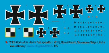 Peddinghaus-Decals 1:72 3892 Albatros D.Va Marine Feld Jagdstaffel I (MFJ I ) , Betram Heinrich, Nieuwmunster/ Belgien, Herbst