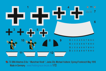 Peddinghaus-Decals 1:72 3894 Albatros D.Va " Müncher Kindl " , Jasta 23b, Michael Hutterer, Epinoy/Frankreich, Mai 1918