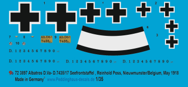 Peddinghaus-Decals 1:72 3897 Albatros D.Va -D.7435/17, Seefrontstaffel, Reinhold Poss, Nieuwmunster, Belgien Mai 1918