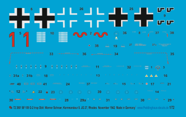 Peddinghaus-Decals 1:72 3901 Bf 106G-2 trop, Oblt. Werner Schroer, Co 8/ JG 27, Rhodes November 1942