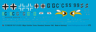 Peddinghaus-Decals 1:72 3922 Me 110 F-2 9./ZG 1 Major Güther Tonne Russland Sommer 1942