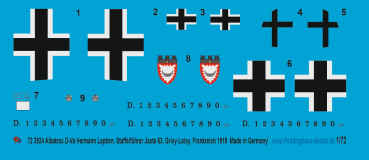 Peddinghaus-Decals 1:72 3924 Albatros D-Va Hermann Leptien, Staffelführer Jasta 63, Grivy-Loisy, Frankreich 1918