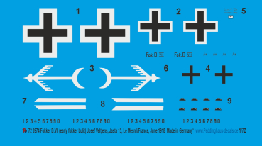 Peddinghaus-Decals 1:72 3974 Fokker D.VII ( early Fokker built), Josef Veltjens, Jasta 15, Mesnil/France, June 1918