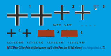 Peddinghaus-Decals 1:72 3975 Fokker D.VII (early fokkerbulit) Albert Haussmann, Jasta 13, Le mesnil/France, June 1918