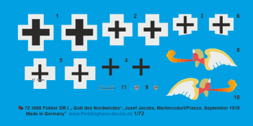 Peddinghaus-Decals 1:72 3988  Fokker Dr.I " Gott des Nordwindes", Josef Jacobs, Martincodurt/France, September 1918
