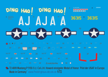 Peddinghaus-Decals 1/72 4009 Mustang P 51B-5 Lt. Col. J.H. Howard einzigster Medal of Honor Pilot der USAF in Europa