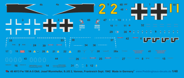 Peddinghaus-Decals 1:48 4013 Fw 190 A5 Oblt. Josef Wurmheller, 9./JG 2, Vannes. Frankreich, September 1942