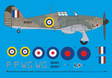 Peddinghaus-Decals 1:48 4042 Hurricane MK IIB/Trop. BD897, S/L Billy Drake, Hastings, Sierra Leone, December 1941