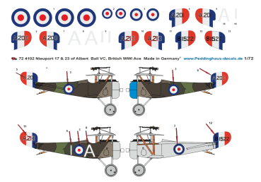 Peddinghaus-Decals 1/72 4102 Nieuport 17 & 23 of Albert Ball VC, British WWI Ace