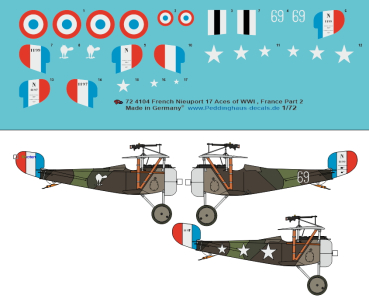 Peddinghaus-Decals 1/72 4104 French Nieuport 17 Aces of WWI - Part 2 (early, camouflaged), Massenet - Pendaries- Pillon