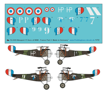 Peddinghaus-Decals 1/72 4105 French Nieuport 17 Aces of WWI - Part 3 (early, camouflaged) Raymond/Lemaire/Auger- Peronneau -Pillon