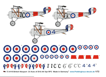 Peddinghaus-Decals 1/72 4115 British Nieuport  23 Aces of 29 &40 Sqn RFC